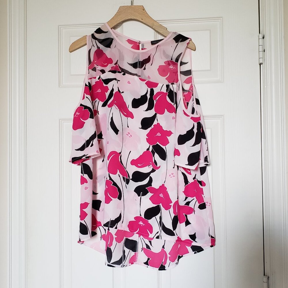 Vince Camuto Women's Floral Cold Shoulder Tunic Keyhole Blouse - Size Small -EUC